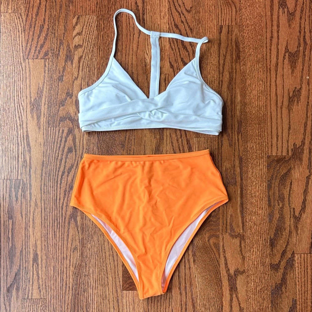 Two-Piece Swimsuit Set in White and Orange